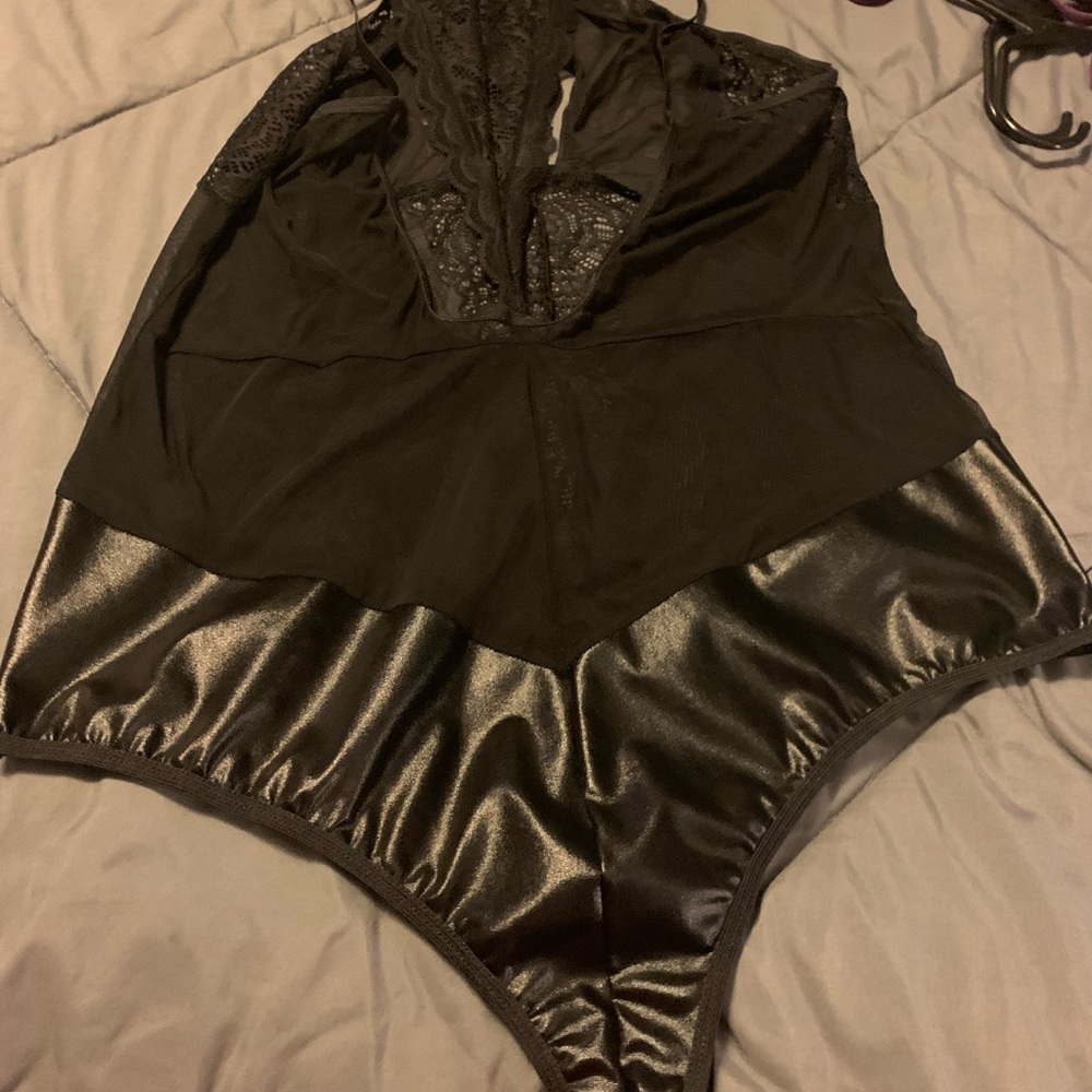 Black lace and pleather bodysuit